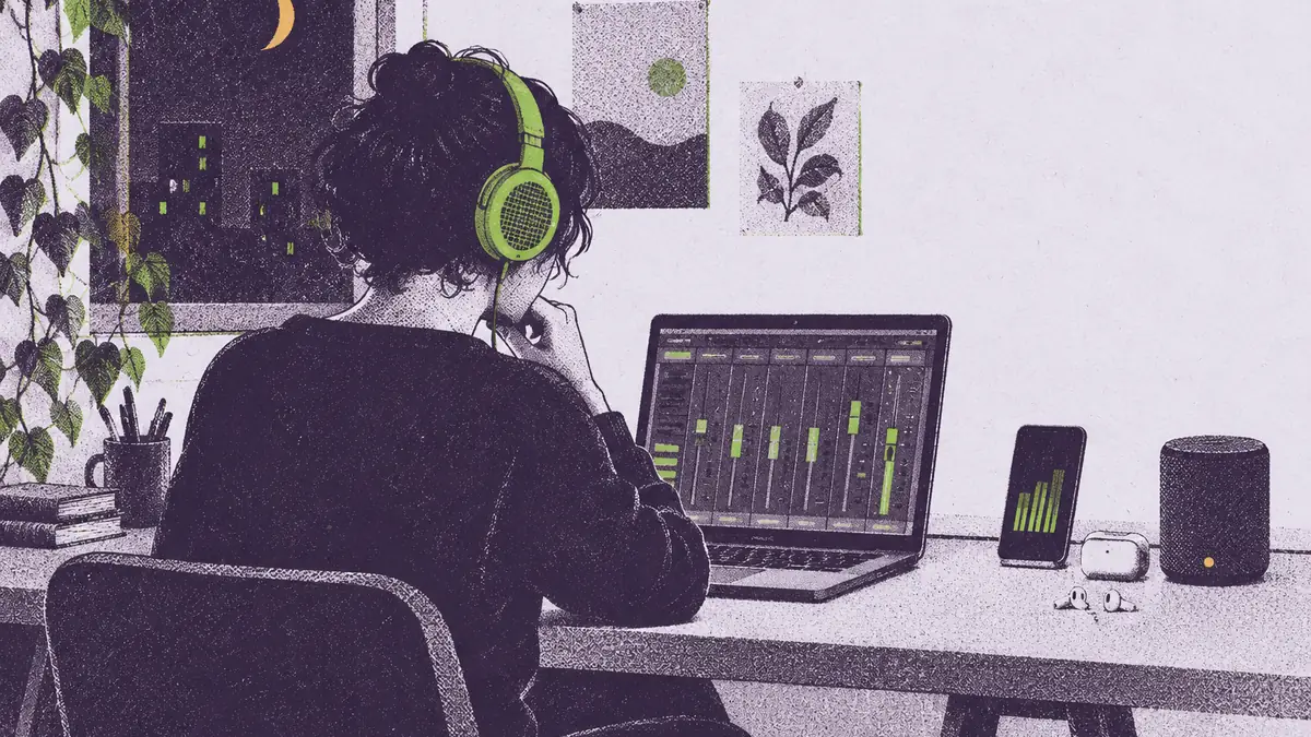 Casque studio ouvert posé sur un bureau devant un écran de mixage